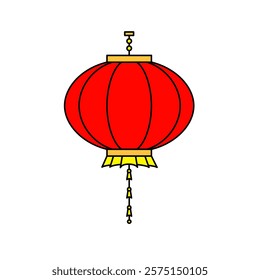 Vector design of red Chinese lantern with yellow ornaments hanging below it, Chinese New Year celebration lantern, lucky lantern.