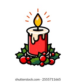 vector design of red christmas candles, with holly leaves and berries, perfect for gift stickers and to celebrate Christmas.