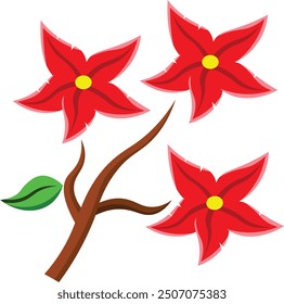 Vector design of red flower and brown brach and green leaves suitable for decoration 