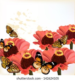 Vector design with red flowers and butterflies for design