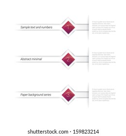 Vector design. Red purple  edition of adjustable abstract composition: minimal geometric paper background based list elements with content and menu field for numbering or lettering, for universal use 