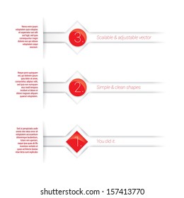 Vector design. Red, scalable abstract minimal geometric composition :  paper background based elements with content field for numbering or lettering, for shiny circles and rectangle for universal use