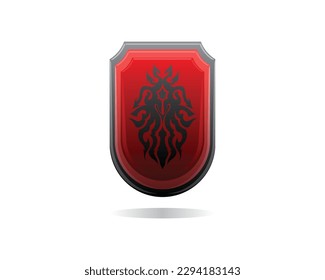 vector design of a red shield-shaped pin with black edges with a combination of two shapes, namely square and round shapes on the lower side and there is a black tattoo symbol in the middle of it