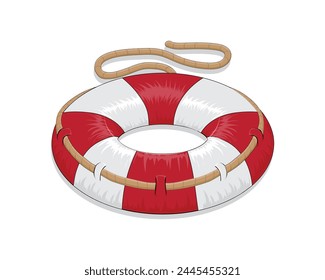 vector design of a red and white round lifebuoy with a rope tied around it which is usually used on ships to save drowning people