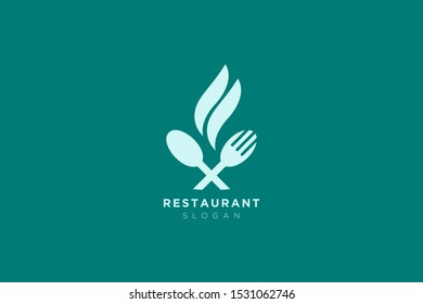 Vector design of a restaurant logo with spoons, leaves and forks. For food, beverage, restaurant product labels.