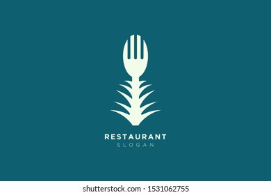 Vector design of a restaurant logo with spoons, leaves and forks. For food, beverage, restaurant product labels.