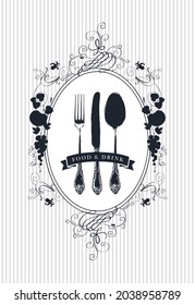 Vektordesign der Speisekarte des Restaurants mit einem schönen antiken Besteck und Blumenverzierungen im Barockstil auf gestreiftem Hintergrund. Schwarz-Weiß-Menüvorlage für ein Restaurant mit feiner Küche