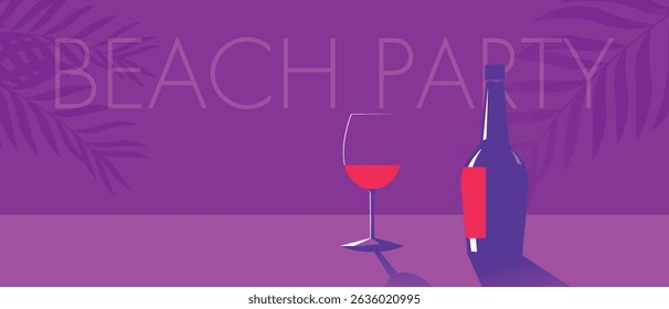 Vector design of restaurant poster, beach party, tropics, vacation. Banner, wine bar, wine bottle, glass, red wine, merlot, cabernet, sauvignon