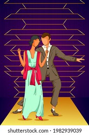 Vector design of retro age people enjoying and dancing in partyat club night lifestyle