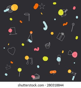 Vector design of retro party elements. Cute and cartoon illustration. Template for Happy birthday card. Vintage hipster collection in flat design style.