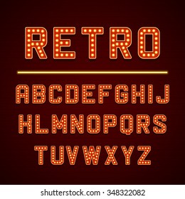 Vector design retro signboard letters with light bulbs lamps. Vintage 3d alphabet with shadow effect on red bricks background