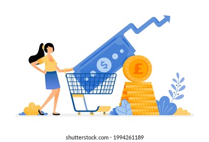 Vektordesign von steigenden Anschaffungsinvestitionen auf dem Sekundärmarkt. Investmentfonds-Hinterlegung des zukünftigen Handels. Illustration kann für Websites, Poster, Banner, mobile Apps, Web, soziale Medien