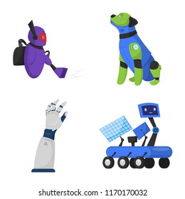 Vector design of robot and factory logo. Set of robot and space stock symbol for web.