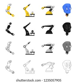 Vector design of robot and factory logo. Collection of robot and space stock symbol for web.