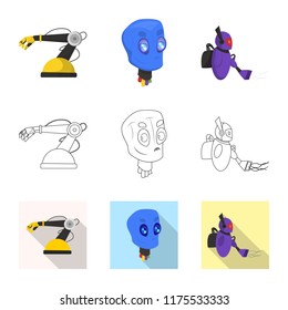 Vector design of robot and factory sign. Set of robot and space stock symbol for web.