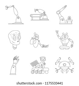 Vector design of robot and factory sign. Collection of robot and space stock symbol for web.