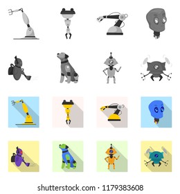 Vector design of robot and factory sign. Set of robot and space stock symbol for web.