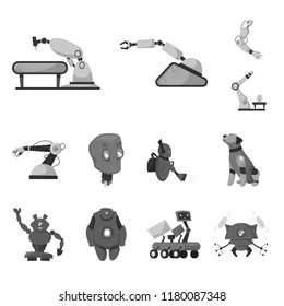 Vector design of robot and factory sign. Set of robot and space vector icon for stock.