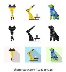 Vector design of robot and factory sign. Set of robot and space stock symbol for web.