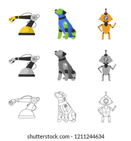 Vector design of robot and factory sign. Collection of robot and space stock symbol for web.