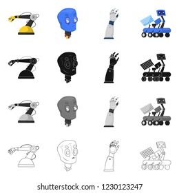Vector design of robot and factory sign. Set of robot and space stock symbol for web.