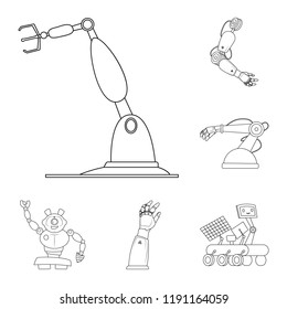 Vector design of robot and factory symbol. Set of robot and space stock symbol for web.