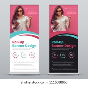 Diseño vectorial de banner en rollo con elementos azules y rosas y lugar para la foto. Plantilla de volante en blanco y negro para negocios y publicidad.