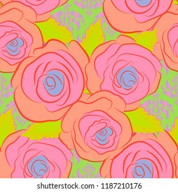 Vector design. Romantic seamless pattern with watercolor bouquet of abstract rose flowers and green leaves in orange, pink and yellow colors. For backgrounds, textiles, wrapping papers, greeting cards