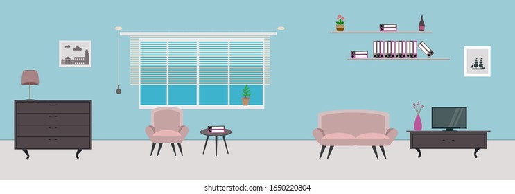 
vector design room interior with sofa tv window and books