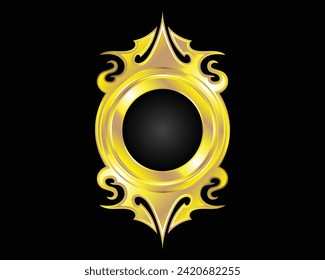 vector design of a round carved symbol with engravings on the top and bottom sides made of gold where the middle is black with a dark black background