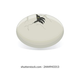 vector design of a round dinosaur egg with a crack at the top which forms a hole and looks like a creature with sharp fingers and nails and eyes like reptile eyes