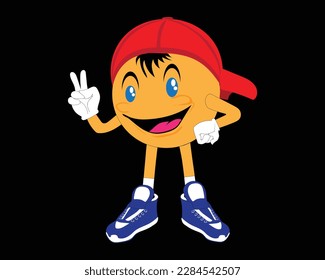vector design of a round orange cartoon caricature with legs and smiling eyes and mouth standing in blue white shoes holding up two fingers