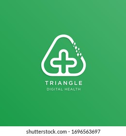 Vector design of a round triangle with a health symbol in it and a digital data object on the right. Minimalist in style, flat and simple.