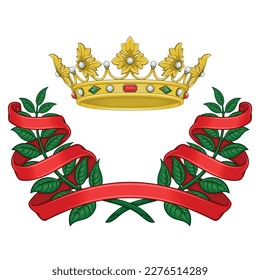 Vector design of royal crown with laurel wreath surrounded by ribbon, two olive branches adorned with ribbon with gold crown