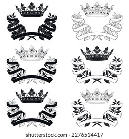 Vector design of royal crown with laurel wreath surrounded by ribbon, two olive branches adorned with ribbon with gold crown