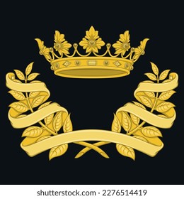 Vector design of royal crown with laurel wreath surrounded by ribbon, two olive branches adorned with ribbon with gold crown