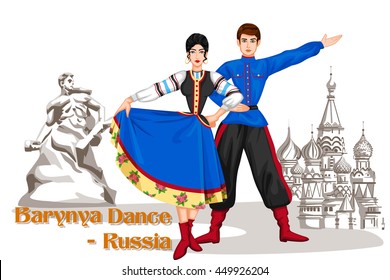 Vector design of Russian Couple performing Barynya dance of Russia