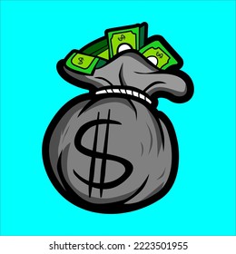 vector design of sack containing dollar bills with gray hood and green money