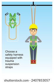 Vector design of safety poster for working at height. Industrial, construction, and manufacturing safety message illustration. Body harness with trauma suspension straps.