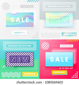 Vector Design for Sale Web Banners, Posters. Good for Social Media, Email, Print, Ads Design and Promotional Material in Memphis Style on Holographic background.