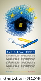 Vector design sample with colorful childish drawing of night sky, house and color pencils