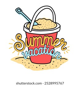 vector design of sand bucket and summer text suitable for summer theme decoration, sticker, background