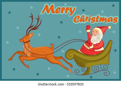 Vector design of Santa Claus riding on his Sleigh for Merry Christmas Holiday celebration background