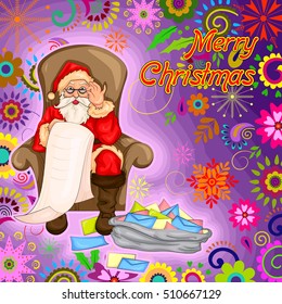 Vector design of Santa Claus with wishlist and letter for Merry Christmas Holiday celebration background