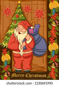Vector design of Santa with gift in Merry Christmas Holiday celebration background