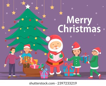 Vector design of Santa with gift in Merry Christmas Holiday celebration background