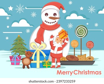 Vector design of Santa with gift in Merry Christmas Holiday celebration background