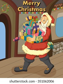 Vector design of Santa with gift in Merry Christmas background