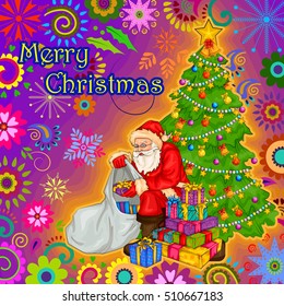 Vector design of Santa with gift in Merry Christmas Holiday celebration background