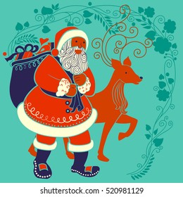 Vector design of Santa with gift in Merry Christmas Holiday celebration background